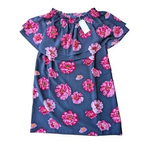 Mud Pie Women's Off Shoulder Dress‎ Pink Floral Navy Blue Size S